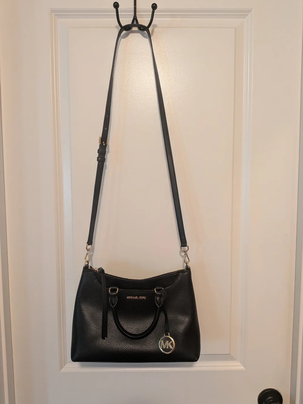 Michael Kors Black Pebbled Leather Satchel with Gold Hardware and MK Charm
